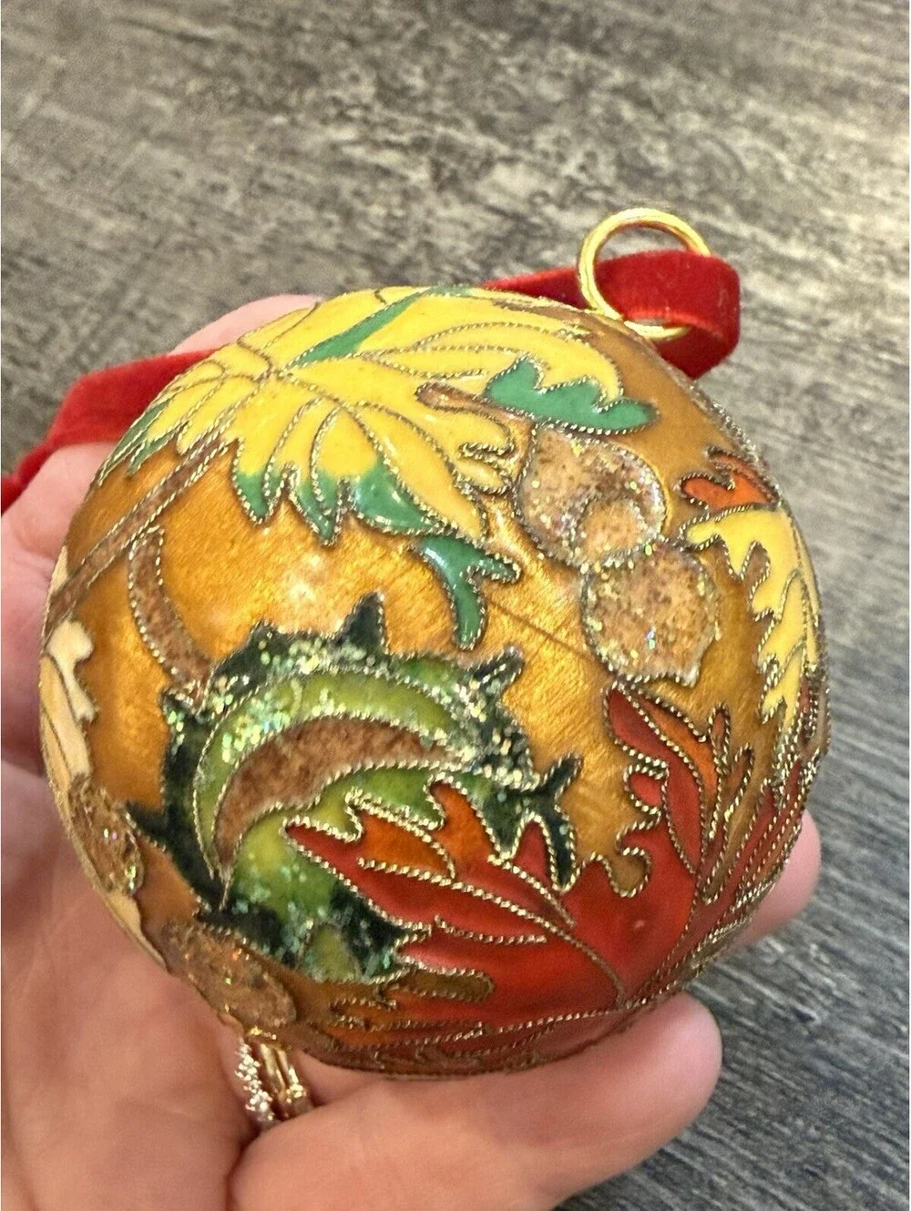 Cloisonne Enamel Golden Christmas Tree Ornament Floral Design 3”